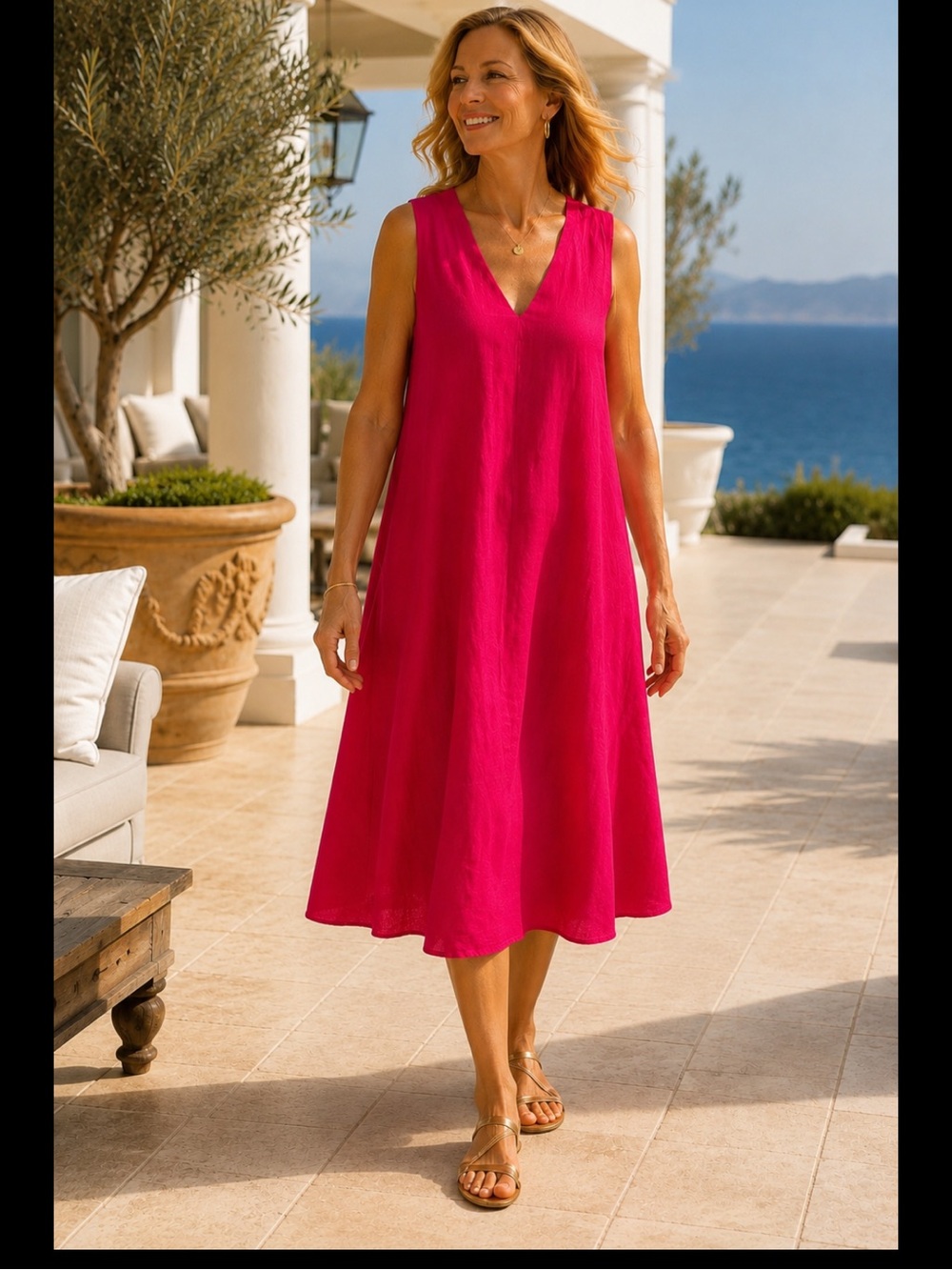 Philosophy 2X 100% Linen Fuchsia Pink Swing Midi Dress Plus Size